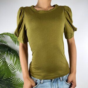 Womens A New Day Olive Green Boho Cottagecore Puff Sleeve Crew Neck Top / XS